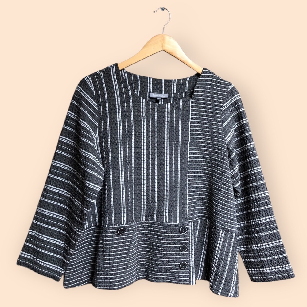 Habitat Gray & White Striped Oversized Top Bohemian Artsy Lagenlook Women Small